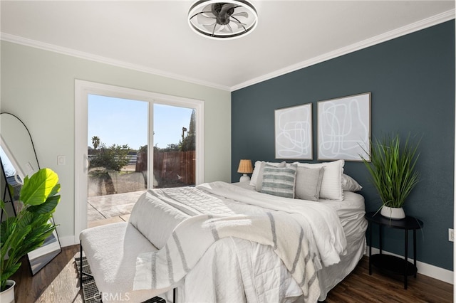 bedroom with crown molding, baseboards, dark wood-style flooring, and access to outside