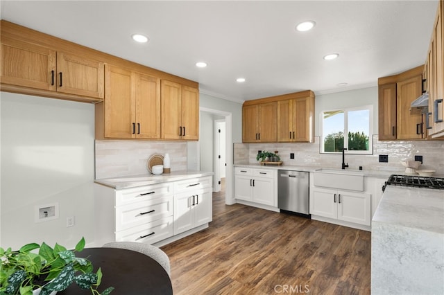 kitchen featuring a sink, white cabinetry, stainless steel dishwasher, range, and dark wood finished floors