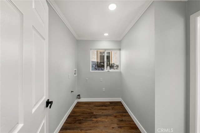 laundry area featuring laundry area, crown molding, baseboards, hookup for a washing machine, and recessed lighting