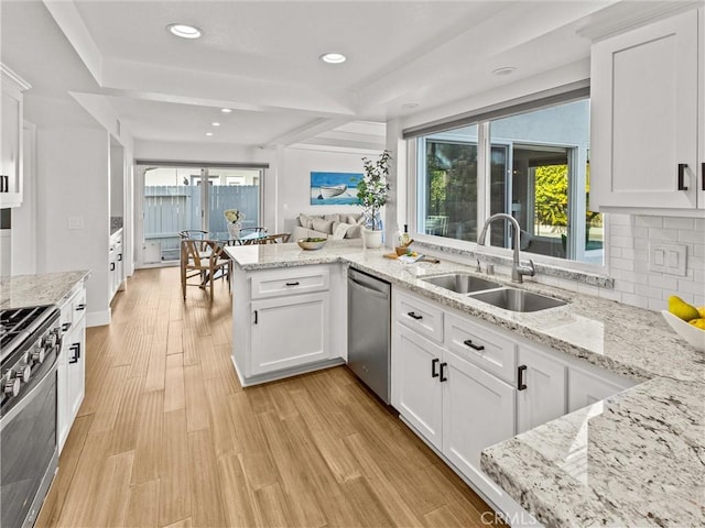 kitchen with sink, stainless steel appliances, and white cabinetry