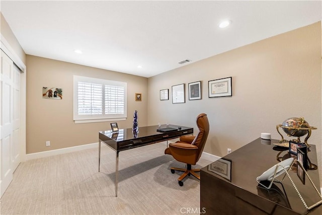 office area featuring baseboards, recessed lighting, visible vents, and light colored carpet