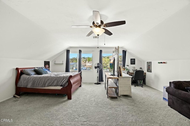 16606 Shinedale Dr, Canyon Country, CA 91387 - bedroom with an office area, vaulted ceiling, carpet floors, and ceiling fan