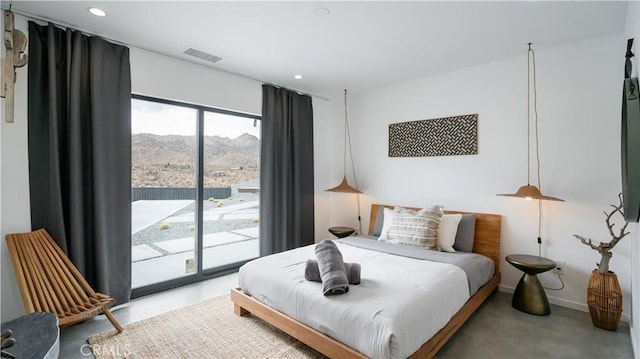 8750 Desert Shadows, Joshua Tree, CA 92252 - bedroom featuring access to outside, a mountain view, and recessed lighting