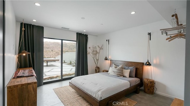 8750 Desert Shadows, Joshua Tree, CA 92252 - bedroom featuring access to outside, recessed lighting, a mountain view, and baseboards