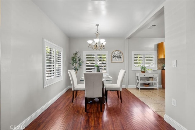 dining room with hardwood / wood-style floors, a wealth of natural light, and a chandelier