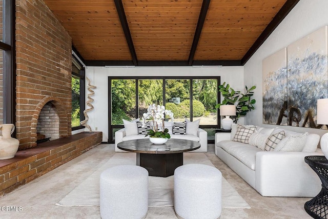 living room featuring a brick fireplace, wooden ceiling, and lofted ceiling with beams