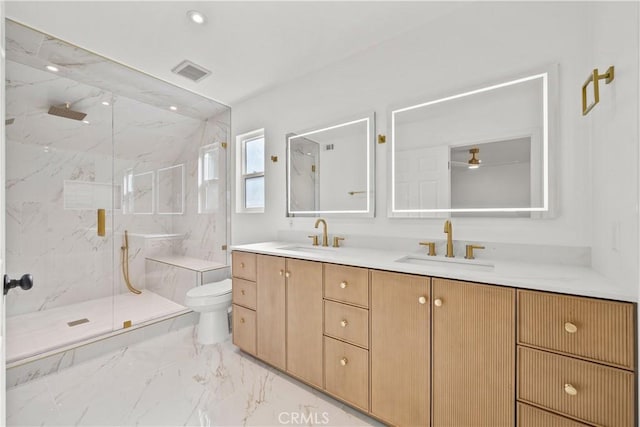 bathroom with toilet, vanity, and an enclosed shower