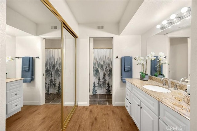 bathroom with wood-type flooring and vanity