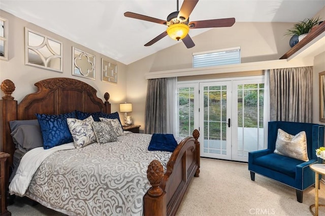 bedroom featuring access to exterior, french doors, lofted ceiling, light colored carpet, and a ceiling fan