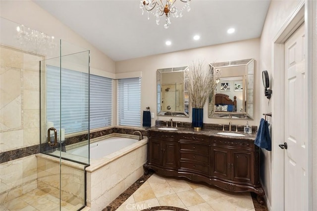 full bathroom with recessed lighting, a sink, a bath, and a shower stall