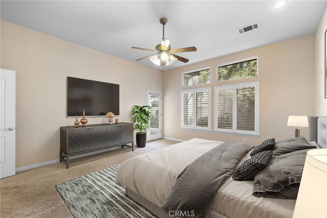 carpeted bedroom with access to exterior and ceiling fan