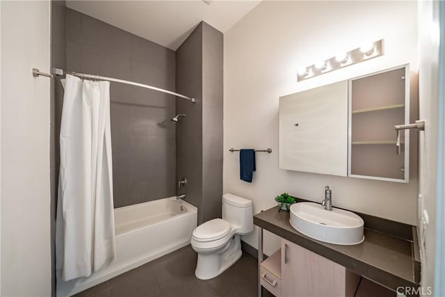 full bathroom with shower / bath combination with curtain, toilet, vanity, and tile patterned floors