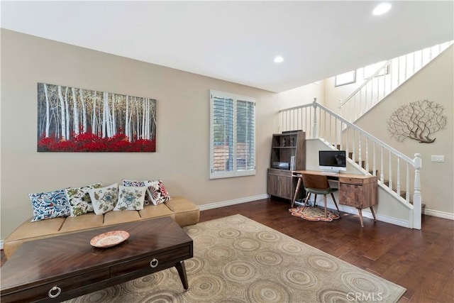 office space featuring baseboards, dark wood-style flooring, and recessed lighting