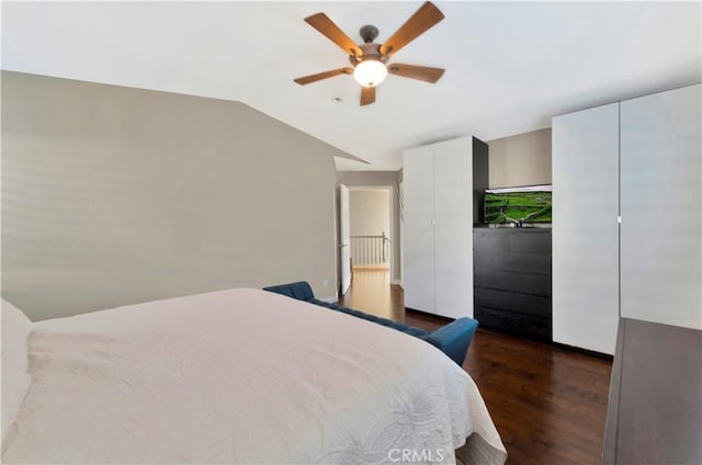 bedroom featuring dark wood-type flooring, a ceiling fan, vaulted ceiling, and two closets