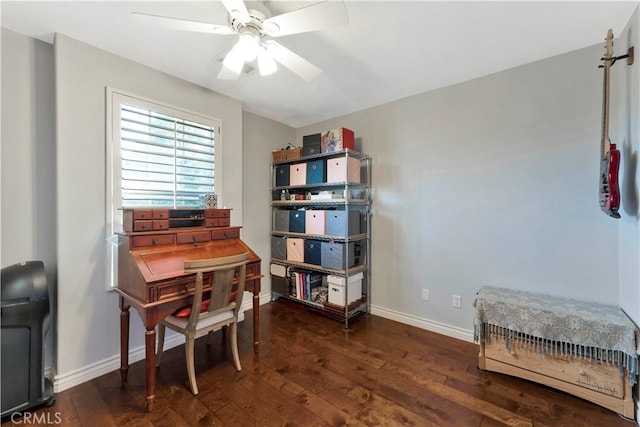 office area with a ceiling fan, dark wood finished floors, and baseboards