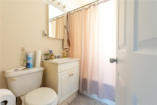 full bath featuring toilet, shower / tub combo, and vanity