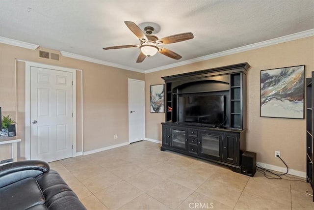 10151 Arrow Rte Unit 123, Rancho Cucamonga, CA 91730 - living room featuring a ceiling fan, crown molding, light tile patterned floors, and baseboards