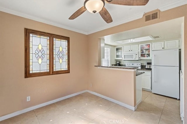 10151 Arrow Rte Unit 123, Rancho Cucamonga, CA 91730 - kitchen featuring white appliances, baseboards, white cabinetry, ornamental molding, and glass insert cabinets