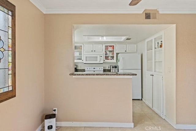 10151 Arrow Rte Unit 123, Rancho Cucamonga, CA 91730 - kitchen featuring white appliances, a peninsula, ornamental molding, glass insert cabinets, and baseboards