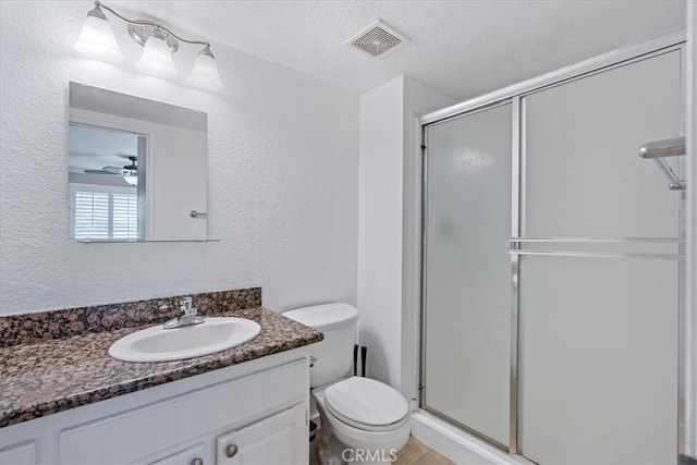 bathroom with toilet, a stall shower, vanity, and visible vents