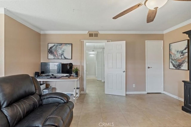 interior space with light tile patterned floors, ceiling fan, visible vents, and crown molding