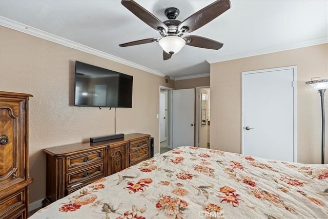 10151 Arrow Rte Unit 123, Rancho Cucamonga, CA 91730 - bedroom with ornamental molding, a ceiling fan, and a textured wall