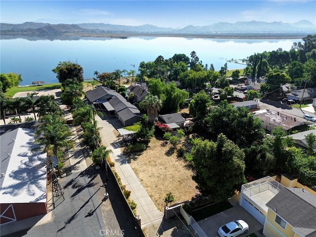 bird's eye view featuring a water and mountain view