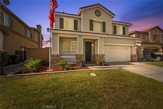 front of property with central AC unit, a garage, and a lawn