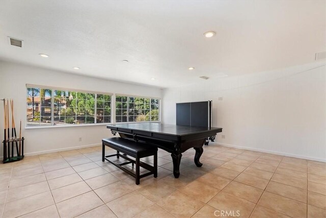 game room featuring recessed lighting, light tile patterned flooring, visible vents, and baseboards