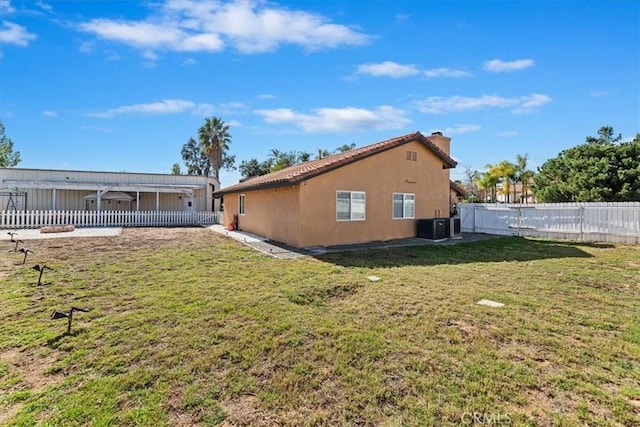 rear view of property featuring a fenced backyard, a lawn, central AC unit, and stucco siding