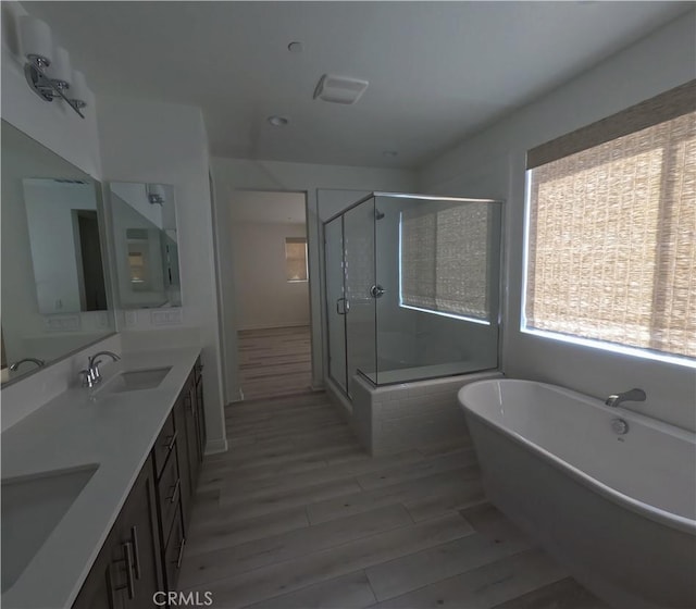 bathroom with hardwood / wood-style floors, plus walk in shower, and vanity