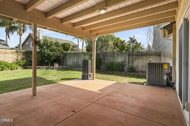 view of patio / terrace featuring central air condition unit and a fenced backyard