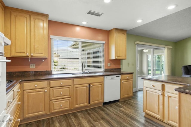 kitchen featuring a sink, dark wood-type flooring, dark countertops, and white dishwasher