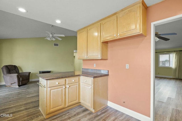 kitchen with light brown cabinetry, a peninsula, baseboards, and wood finished floors