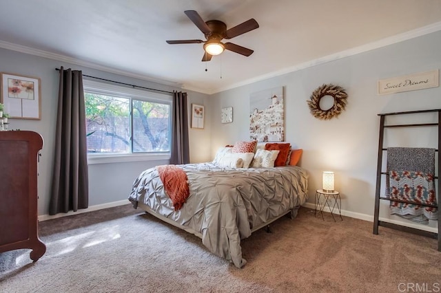 bedroom with carpet, ceiling fan, and ornamental molding