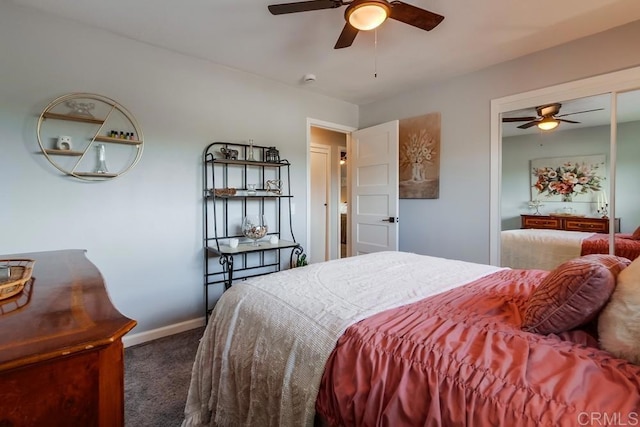 bedroom with dark carpet and ceiling fan