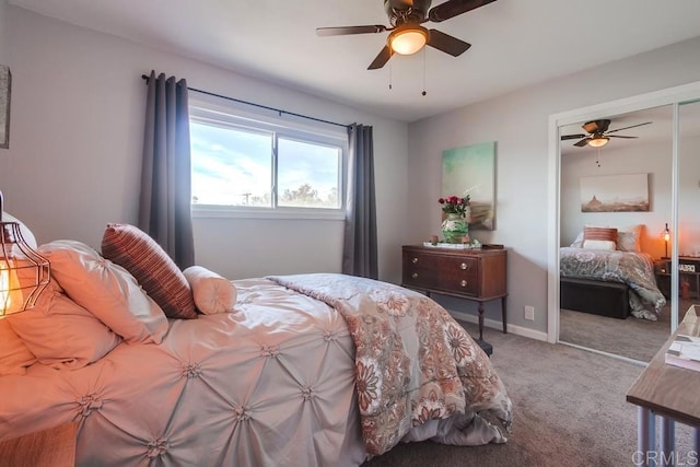 bedroom featuring a closet, ceiling fan, and carpet flooring