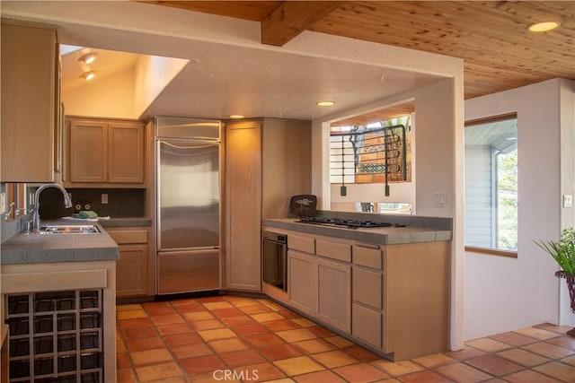 kitchen with wood ceiling, appliances with stainless steel finishes, a sink, and light brown cabinetry