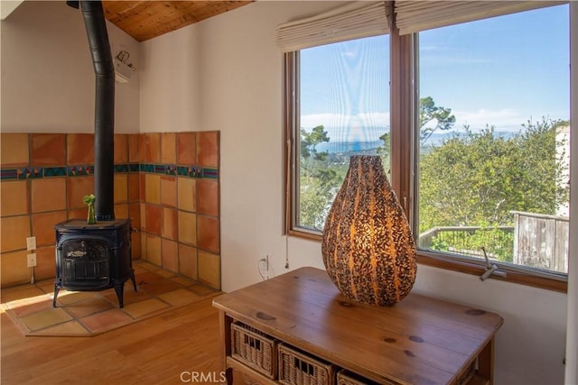 interior space with a wood stove and wood finished floors