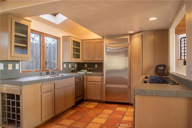 kitchen featuring glass insert cabinets, backsplash, a sink, and appliances with stainless steel finishes