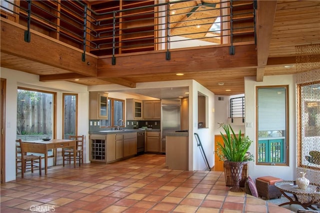 kitchen featuring dishwasher, wooden ceiling, glass insert cabinets, beamed ceiling, and a sink