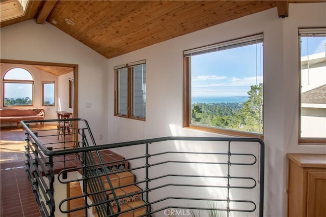 interior space featuring wood ceiling, plenty of natural light, and lofted ceiling with beams