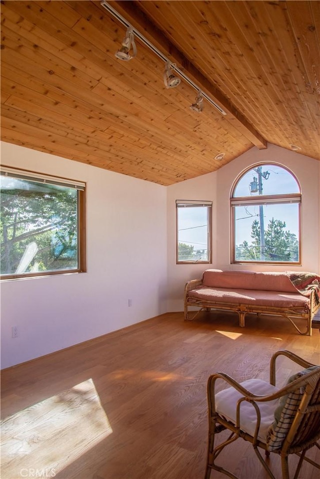 unfurnished room featuring lofted ceiling with beams, light wood-style flooring, wood ceiling, and a healthy amount of sunlight