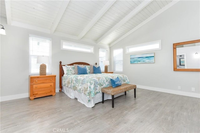 16791 Bayview Dr, Huntington Beach, CA 92649 - bedroom with light wood-type flooring, beam ceiling, multiple windows, baseboards, and high vaulted ceiling