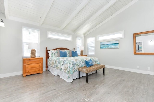 16791 Bayview Dr, Huntington Beach, CA 92649 - bedroom featuring light wood-type flooring, beam ceiling, multiple windows, and high vaulted ceiling