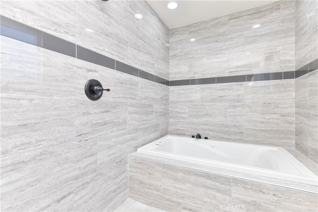16791 Bayview Dr, Huntington Beach, CA 92649 - full bath with tile walls, tiled tub, a tile shower, and recessed lighting