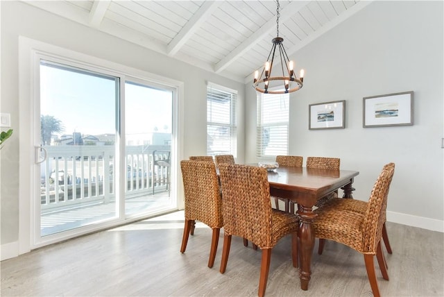 16791 Bayview Dr, Huntington Beach, CA 92649 - dining space featuring light wood finished floors, a chandelier, baseboards, and wood ceiling