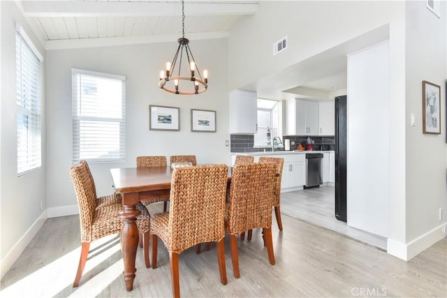 16791 Bayview Dr, Huntington Beach, CA 92649 - dining space with a chandelier, light wood-style floors, baseboards, and wood ceiling