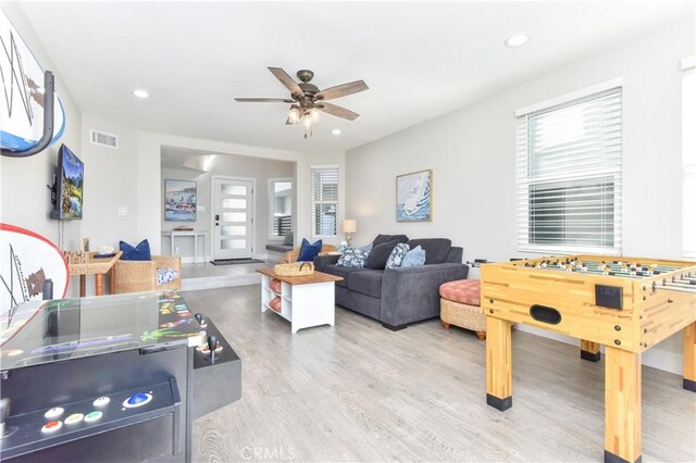 16791 Bayview Dr, Huntington Beach, CA 92649 - game room with ceiling fan, wood finished floors, and recessed lighting