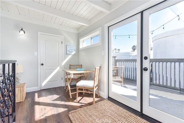 16791 Bayview Dr, Huntington Beach, CA 92649 - doorway to outside featuring wood finished floors, baseboards, and wood ceiling with exposed beams